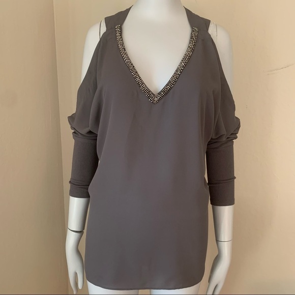 JUICY COUTURE Embellished Silky Cold Shoulder V-Neck Blouse Gray - Picture 4 of 15